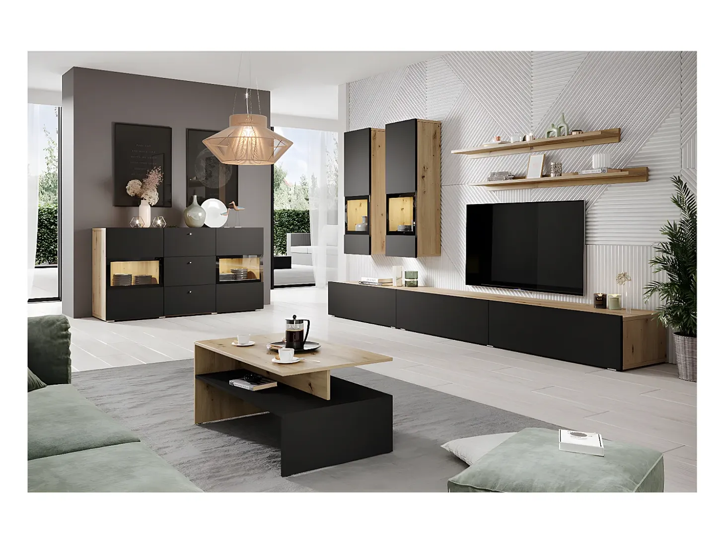Bufé 2 puertas 3 cajones con LED Sloan Negro y Madera
