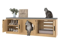 Bufé oculto para gatos - 140 x 40 x 45,5 cm - Rascador integrado y ventilación - con 3 puertas - aglomerado - natural