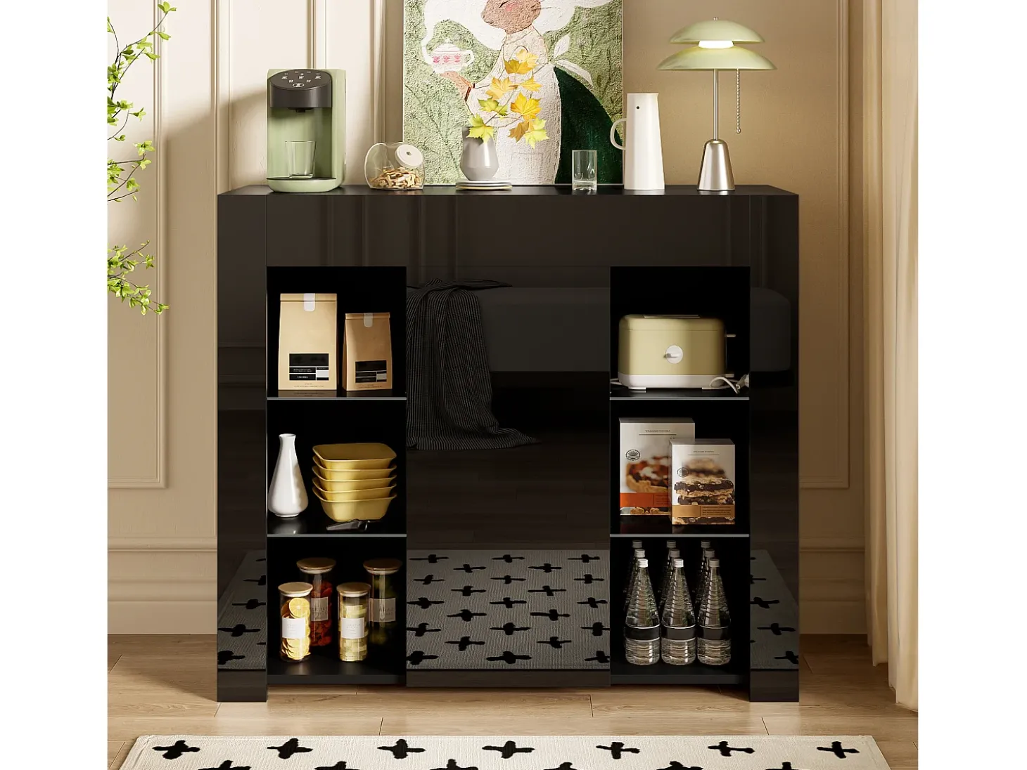 Buffet 95×35×83 cm - acabado brillante - 1 puerta - con estantes de vidrio - paneles de partículas - negro