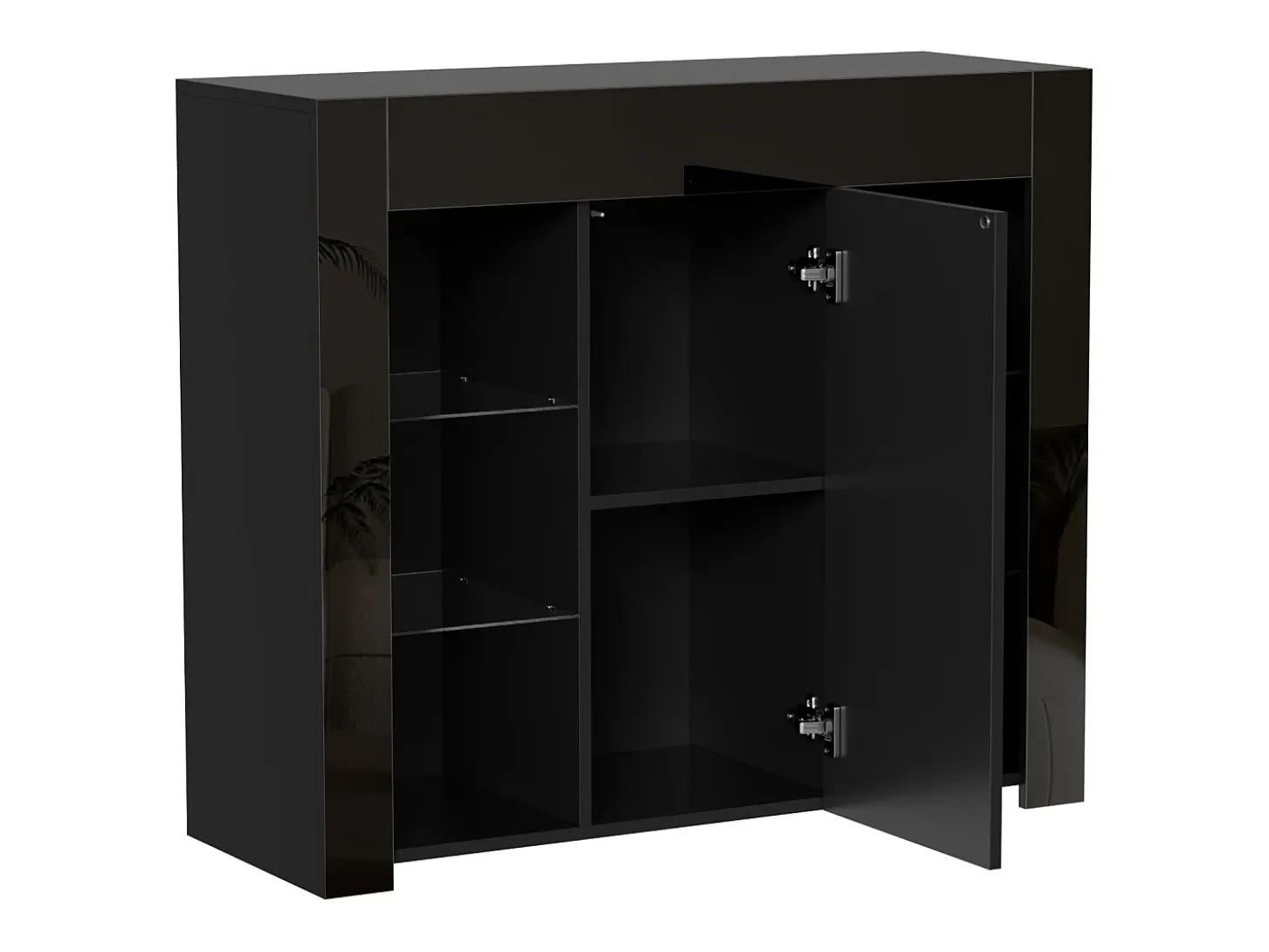 Buffet 95×35×83 cm - acabado brillante - 1 puerta - con estantes de vidrio - paneles de partículas - negro