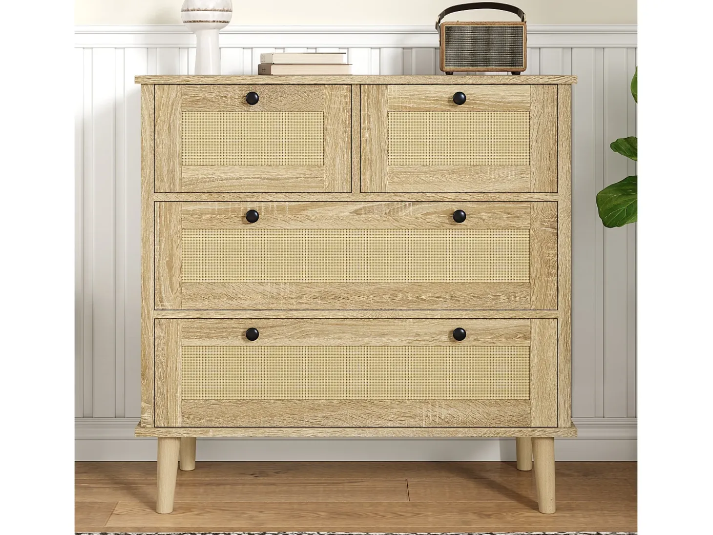 Buffet 80×40×80 cm - con 4 cajones de ratán - patas de madera maciza - paneles de partículas - natural