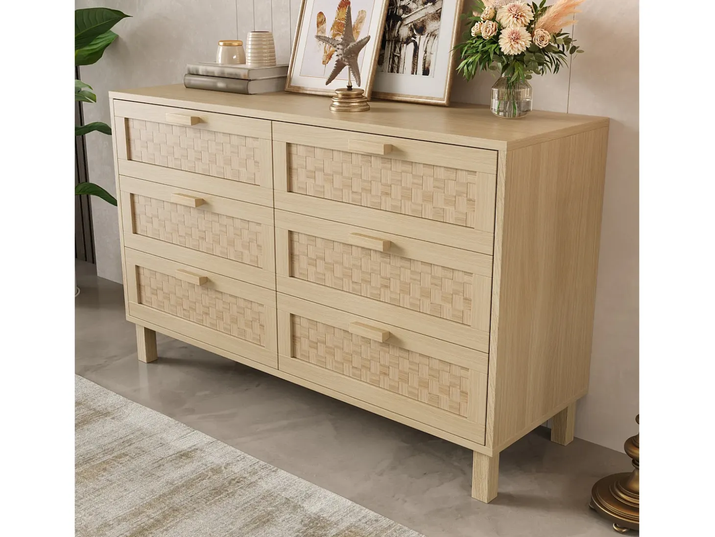 Buffet 120×40×75 cm - con 6 cajones - aspecto ratán - paneles de partículas - natural
