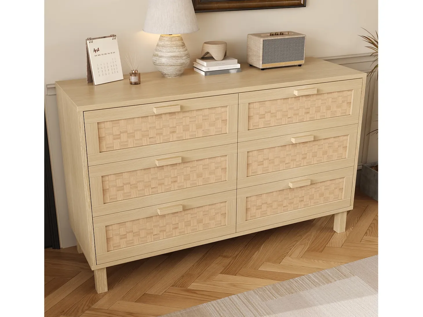Buffet 120×40×75 cm - con 6 cajones - aspecto ratán - paneles de partículas - natural