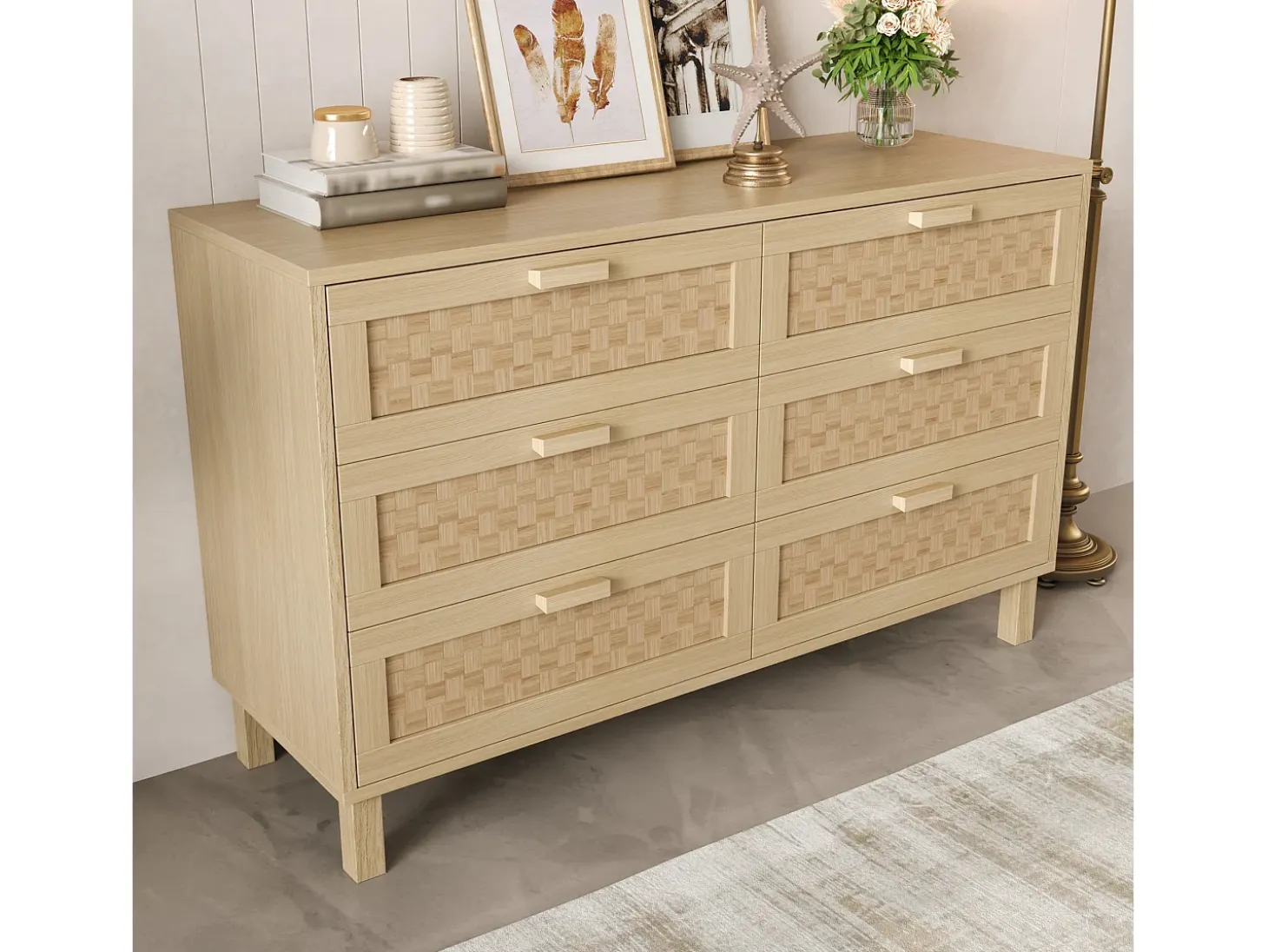 Buffet 120×40×75 cm - con 6 cajones - aspecto ratán - paneles de partículas - natural