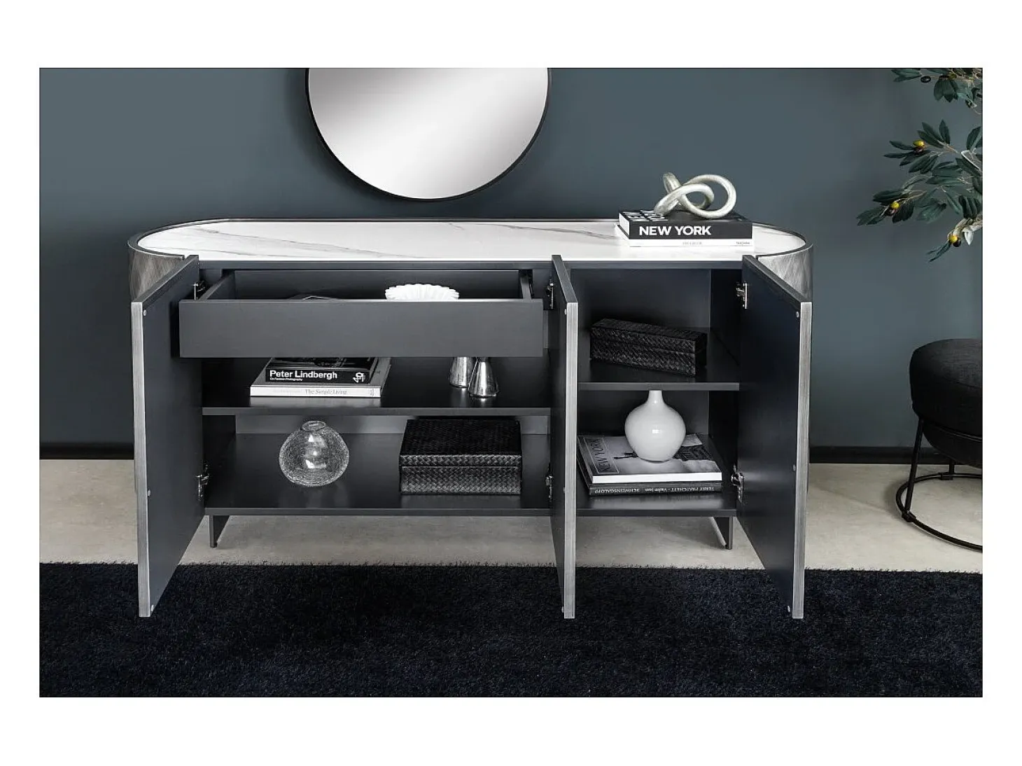 Buffet 150 cm 3 puertas 1 cajón gris y mármol blanco – Colección MILANO