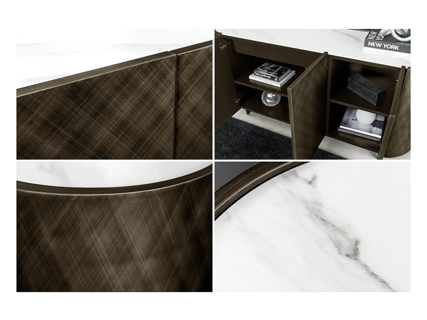 Buffet 150 cm 3 puertas 1 cajón bronce y mármol blanco – Colección MILANO