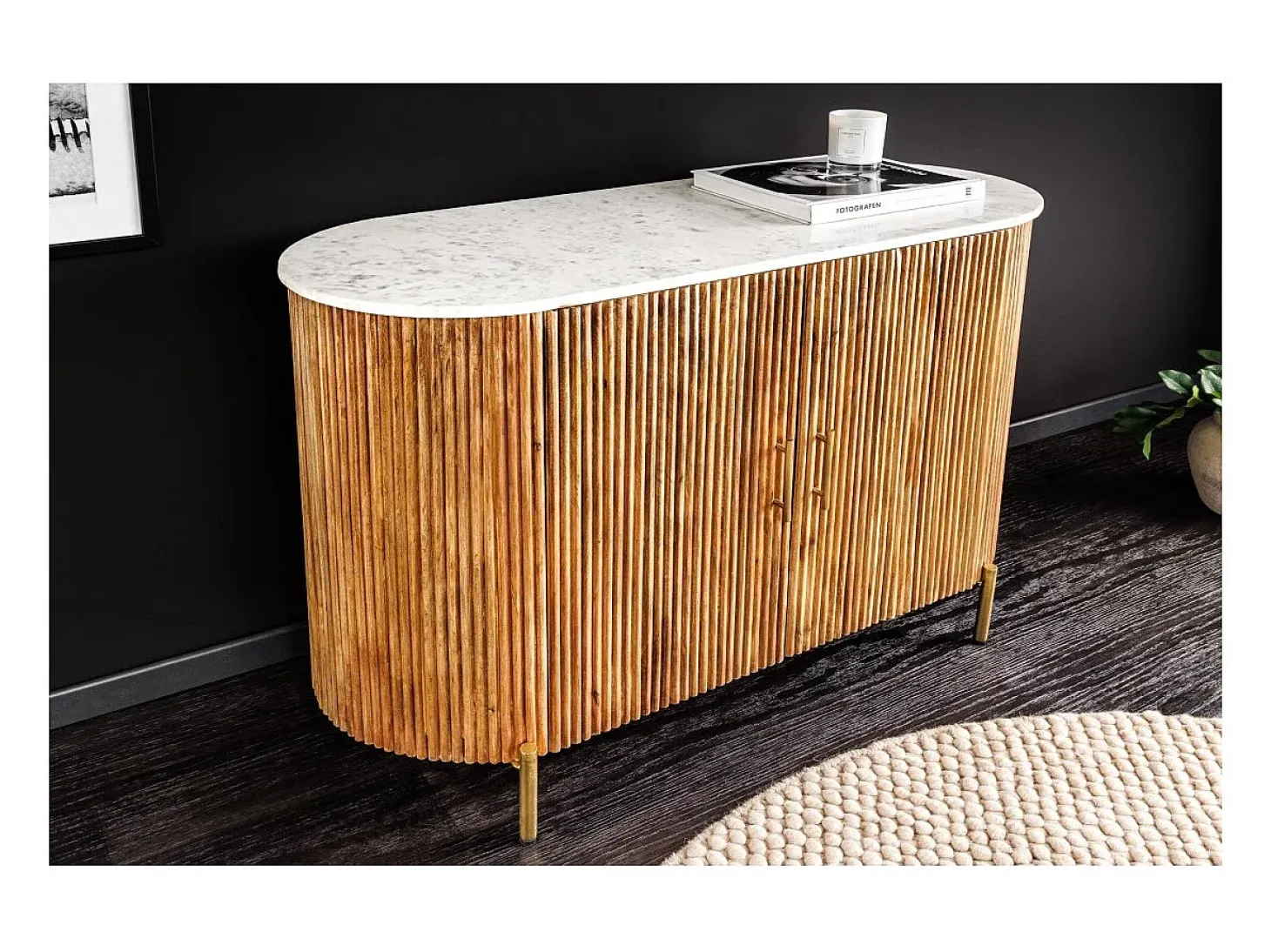 Buffet 105 cm 2 puertas madera maciza, mármol blanco y dorado – Colección YONA