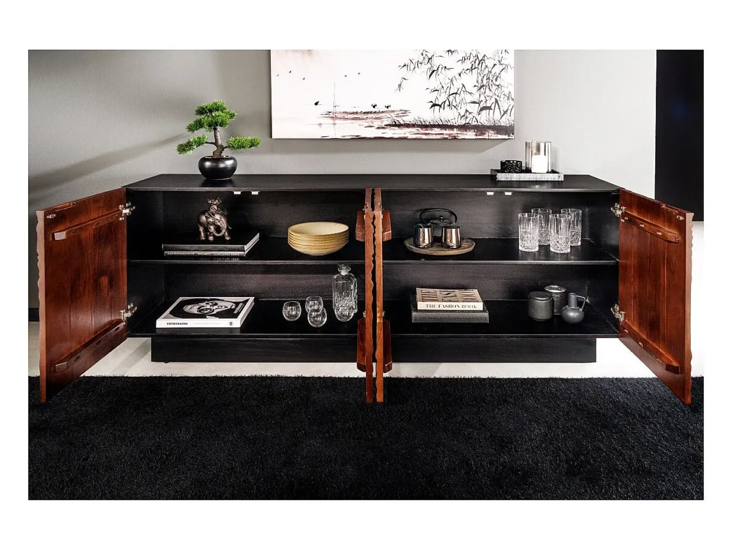 Buffet 175 cm 4 puertas madera maciza acacia negra y nogal oscuro – Colección GAÏA