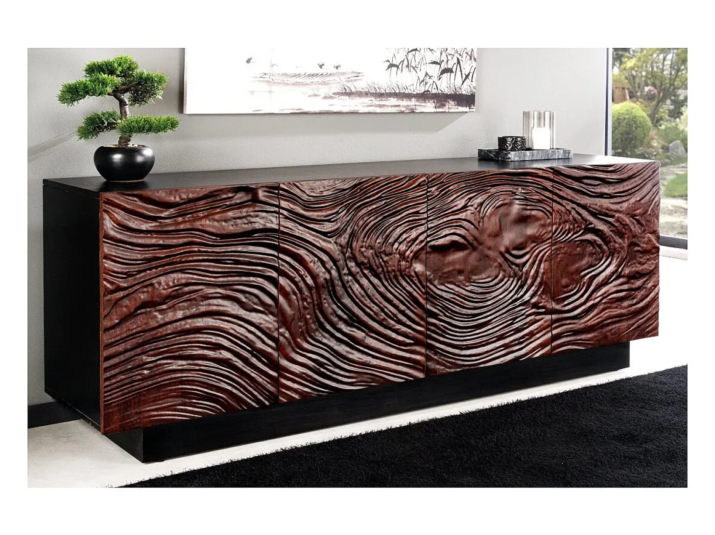 Buffet 175 cm 4 puertas madera maciza acacia negra y nogal oscuro – Colección GAÏA