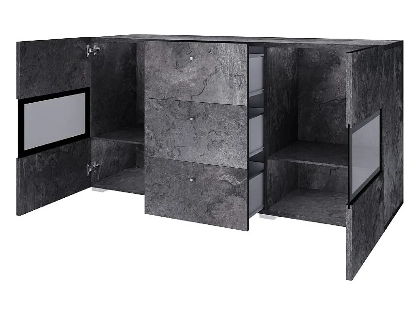 Buffet 130 cm RAMOS – Gris efecto pizarra y negro – 2 puertas con vidrio + 3 cajones – Sin LED