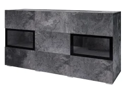 Buffet 130 cm RAMOS – Gris efecto pizarra y negro – 2 puertas con vidrio + 3 cajones – Sin LED