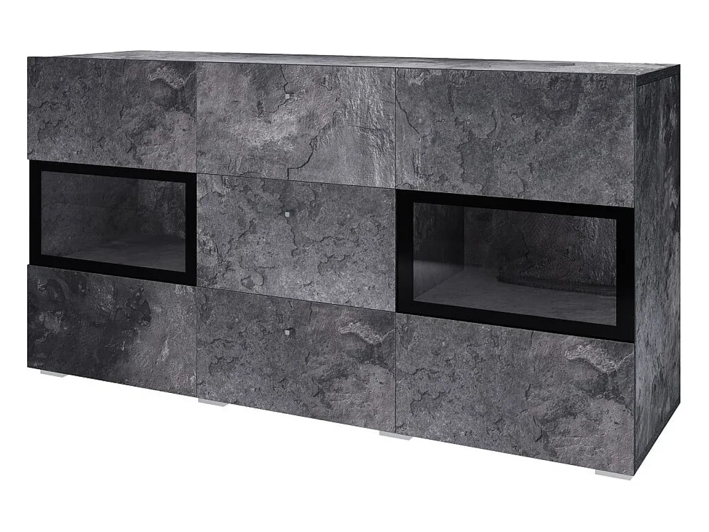 Buffet 130 cm RAMOS – Gris efecto pizarra y negro – 2 puertas con vidrio + 3 cajones – Sin LED