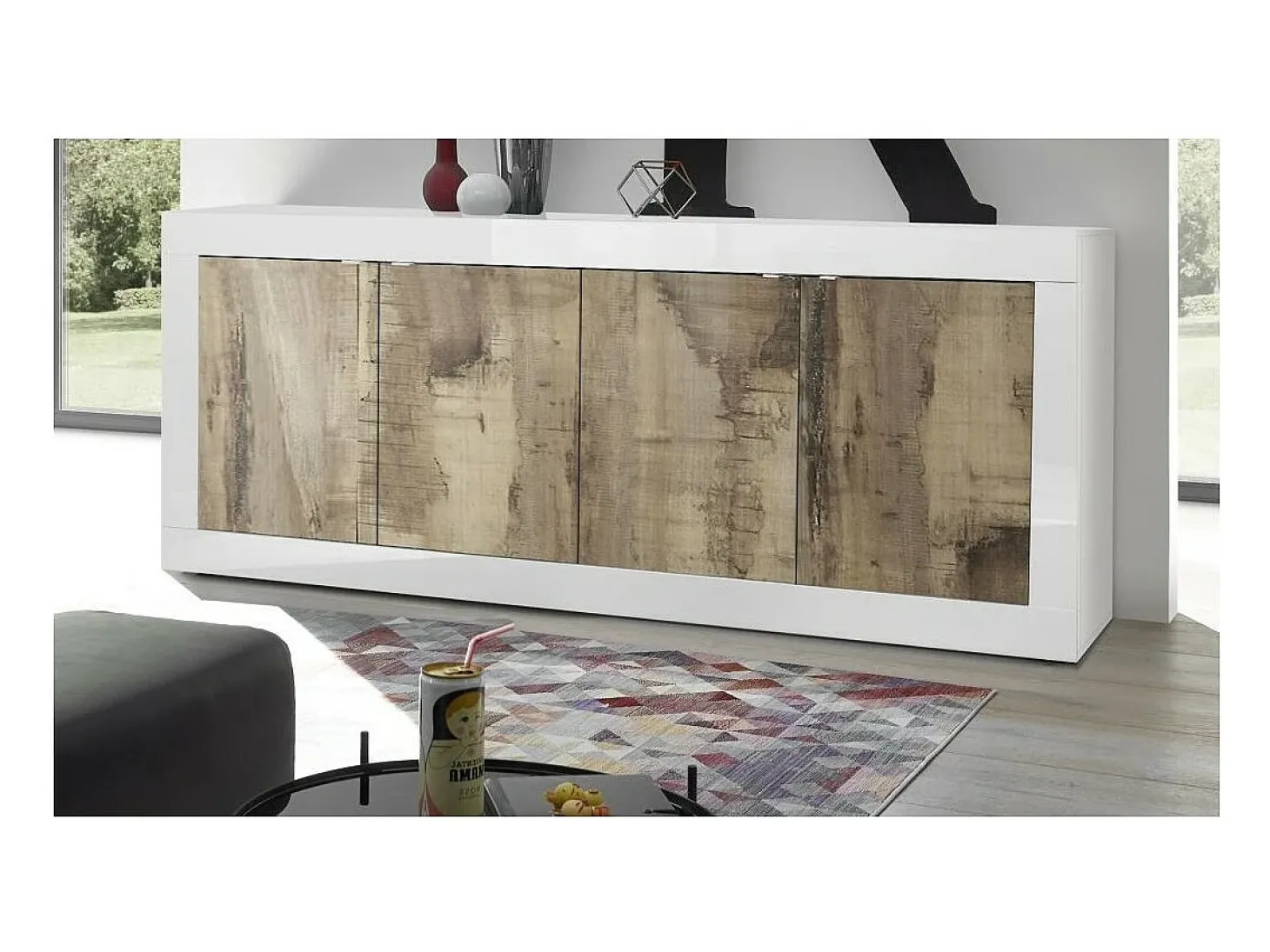 Buffet 4 puertas, colección ISORA, color blanco y roble claro, ideal para un salón o comedor moderno.