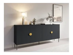 Buffet 4 puertas MONDO – Negro mate, patas de metal y manijas doradas – Diseño moderno
