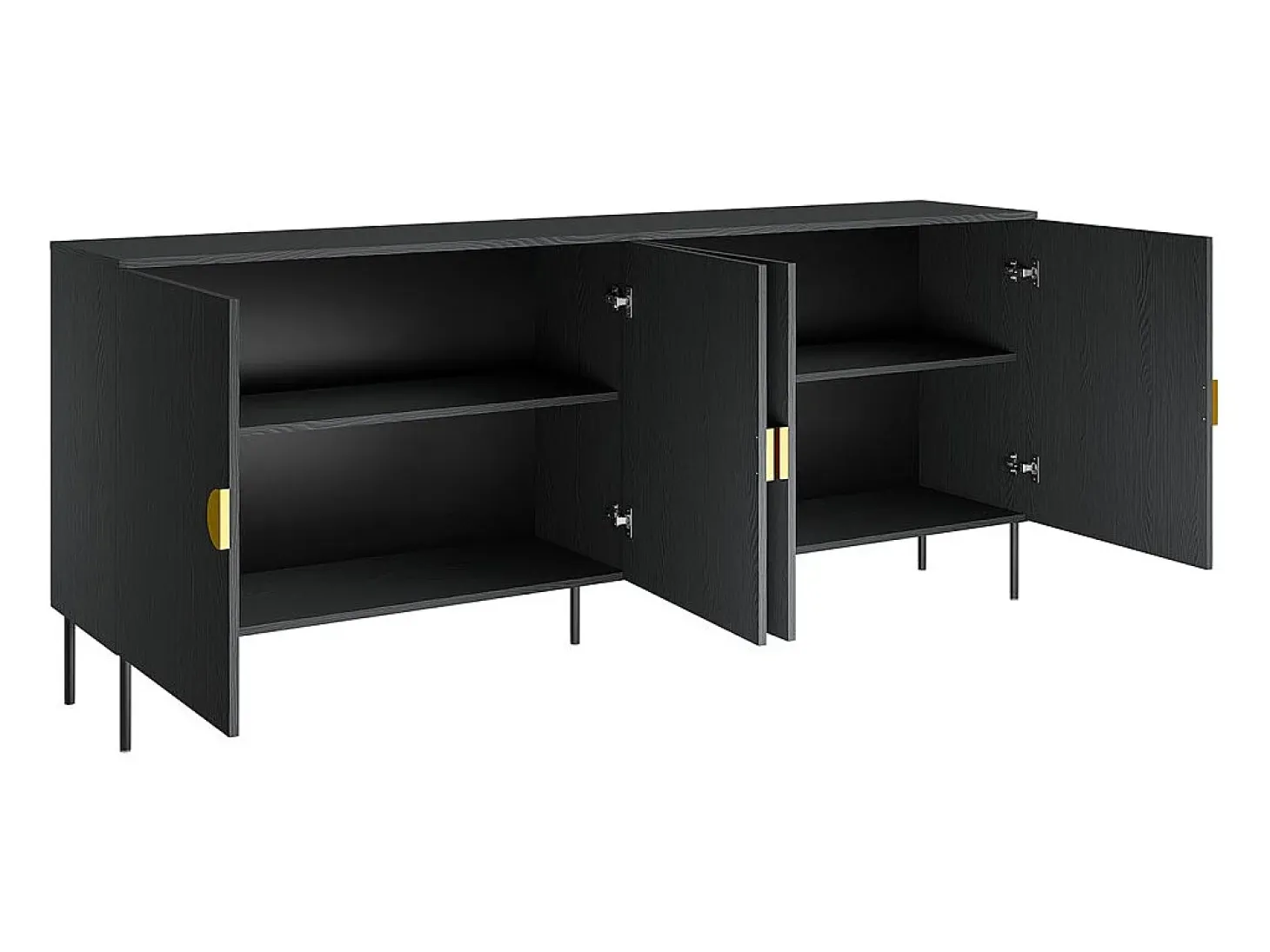 Buffet 4 puertas MONDO – Negro mate, patas de metal y manijas doradas – Diseño moderno