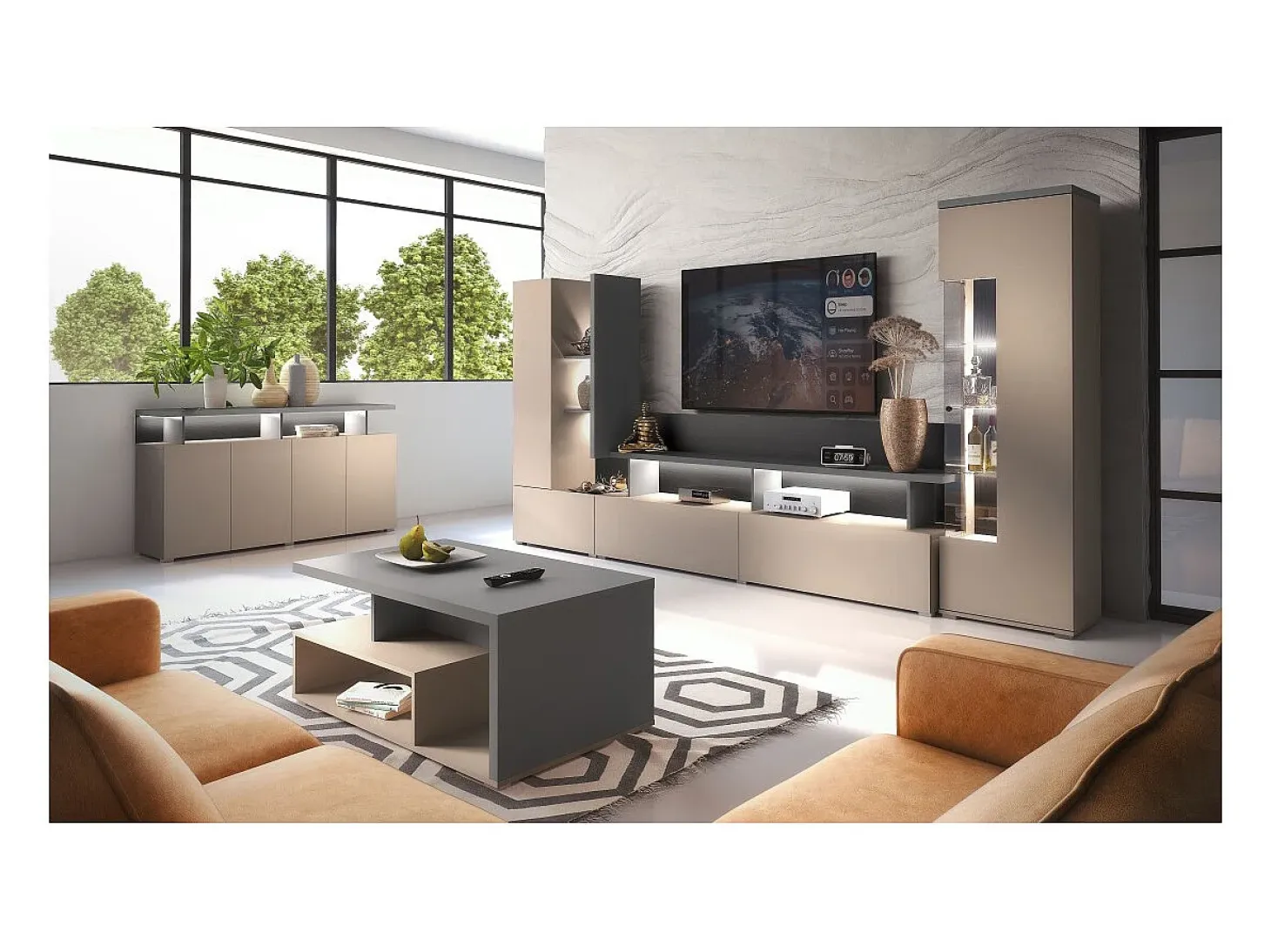 Buffet 4 puertas NESS – Acabado Congo – 12 nichos de almacenamiento – Diseño depurado sin LED
