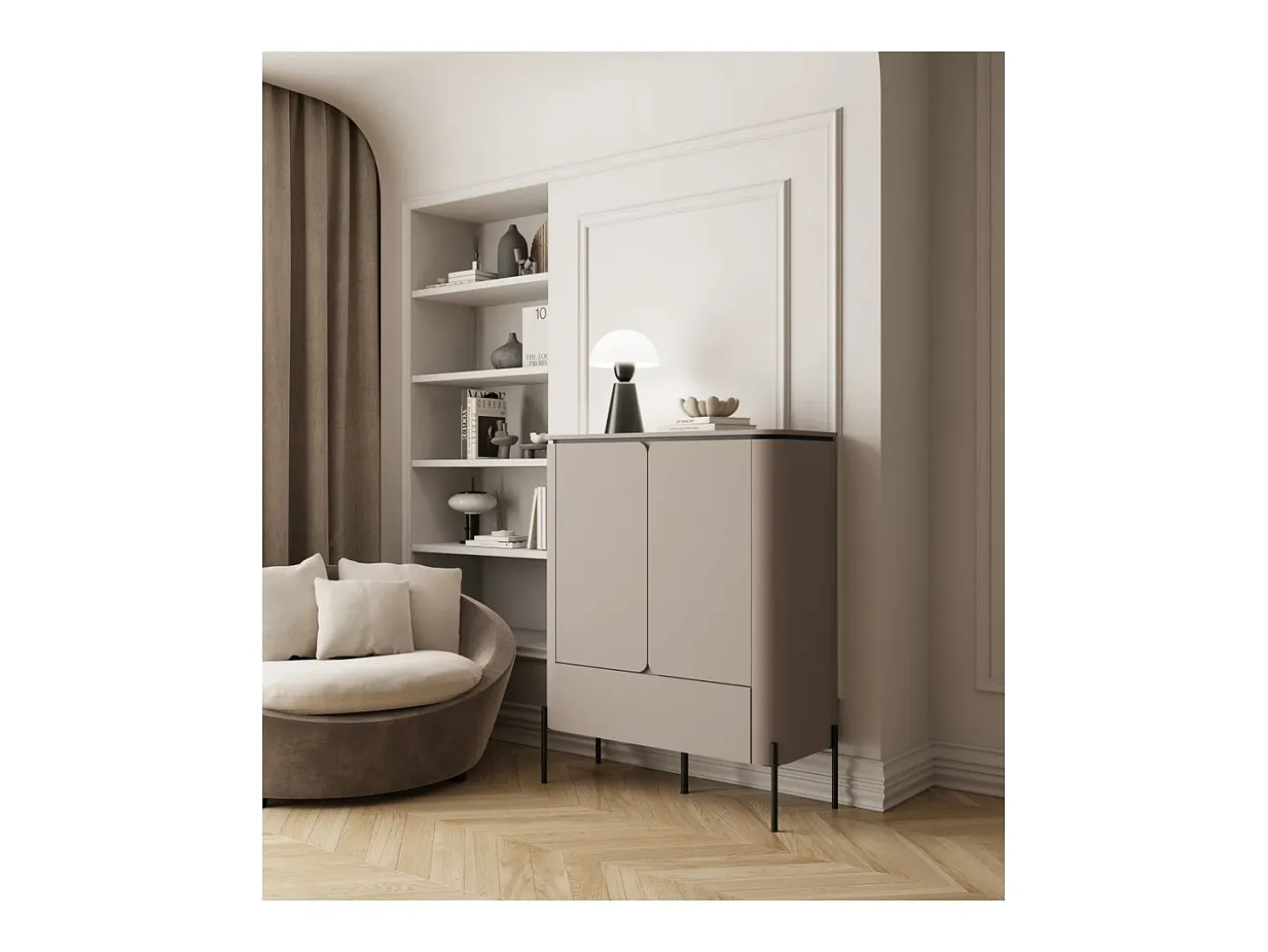 Buffet alto BELLA 2 puertas 1 cajón – Acabado Congo mate – Patas metálicas negras elegantes