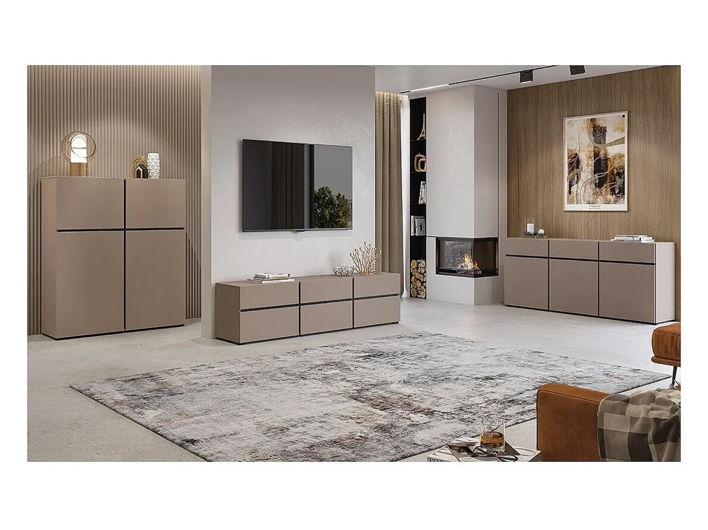 Buffet alto de color beige y negro L120xH140xP40 colección HAVANA. Aparador alto de diseño con 4 puertas.