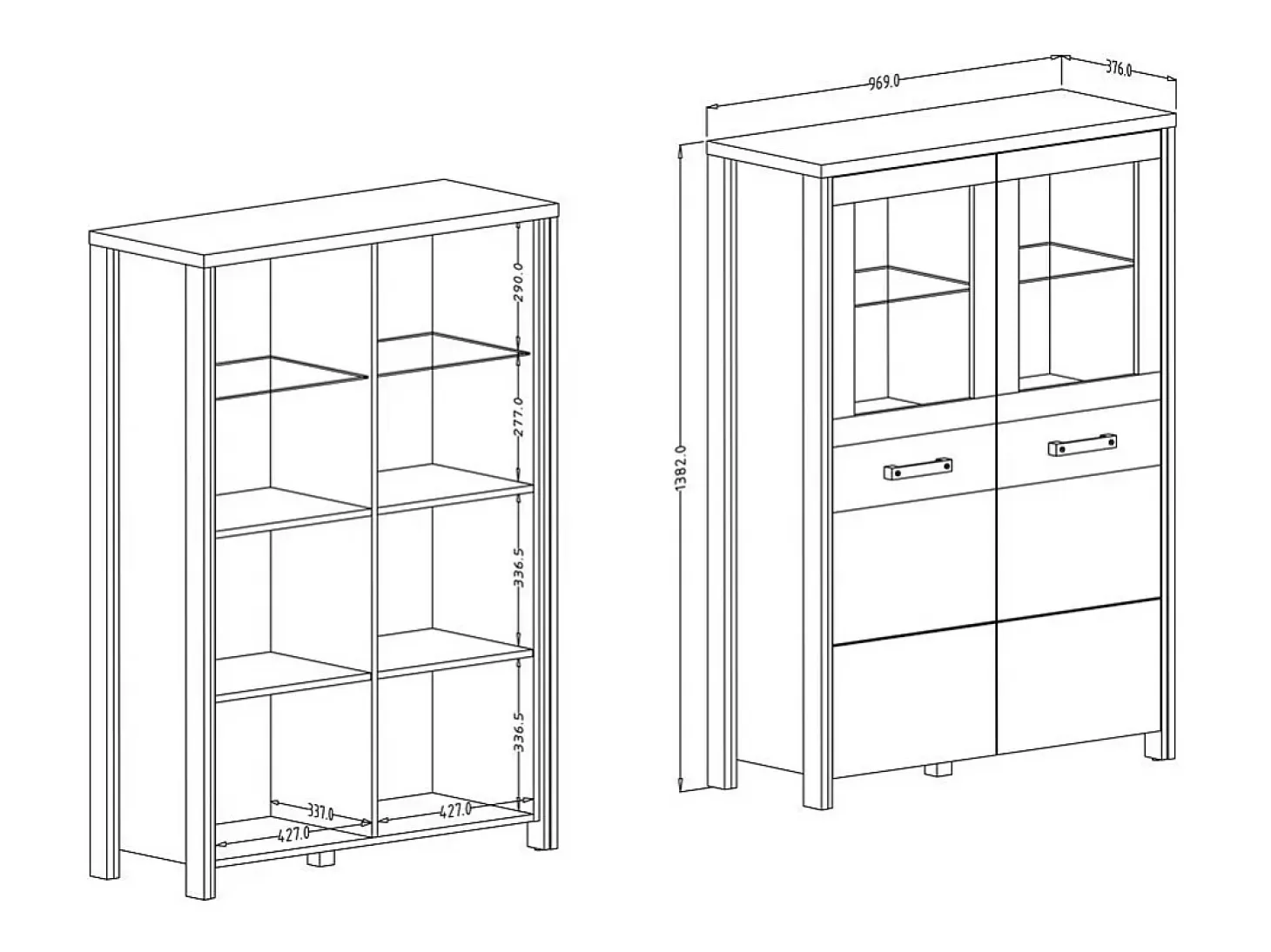 Buffet alto WINDSOR en roble oscuro y gris antracita - 2 puertas grandes - 97 x 138 x 37 cm