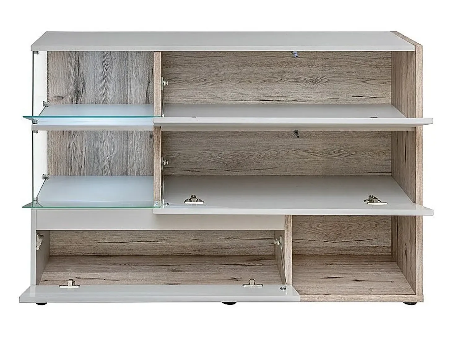 Buffet, aparador, enfilada KLIS de tres puertas y tres nichos. Color gris perla y roble. Estilo diseño.