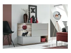 Buffet, aparador, enfilada KLIS de tres puertas y tres nichos. Color gris perla y roble. Estilo diseño.