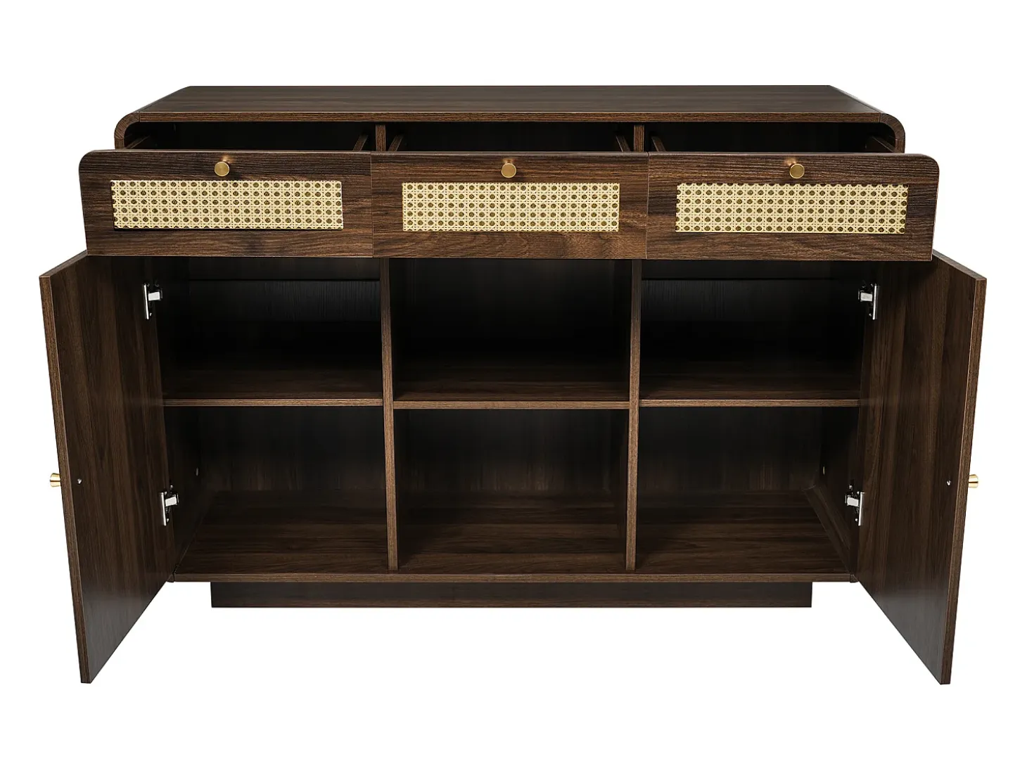 Buffet aspecto nogal 120x40x85cm - con 2 puertas y 3 cajones de ratán - compartimentos abiertos - Nogal