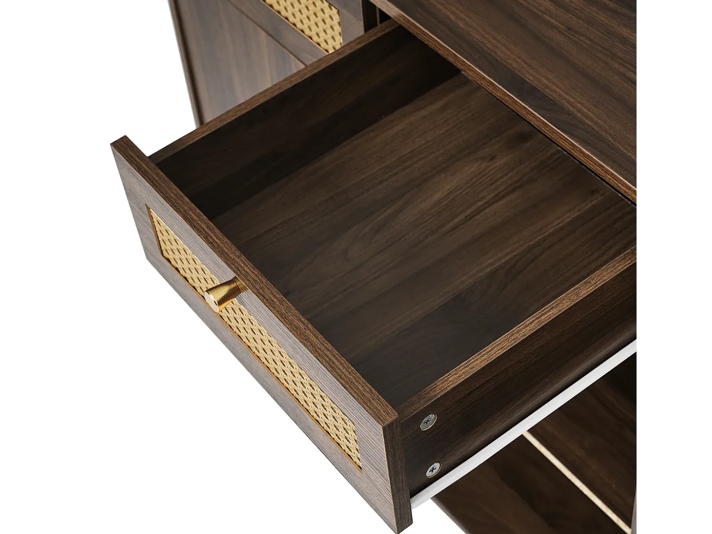 Buffet aspecto nogal 120x40x85cm - con 2 puertas y 3 cajones de ratán - compartimentos abiertos - Nogal