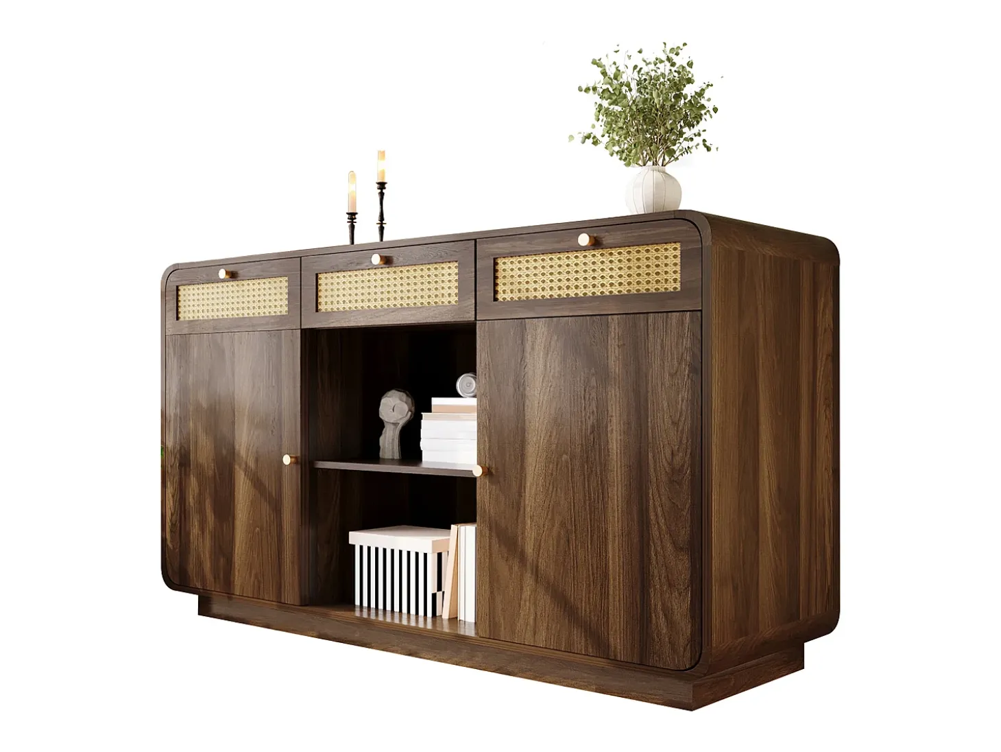 Buffet aspecto nogal 120x40x85cm - con 2 puertas y 3 cajones de ratán - compartimentos abiertos - Nogal