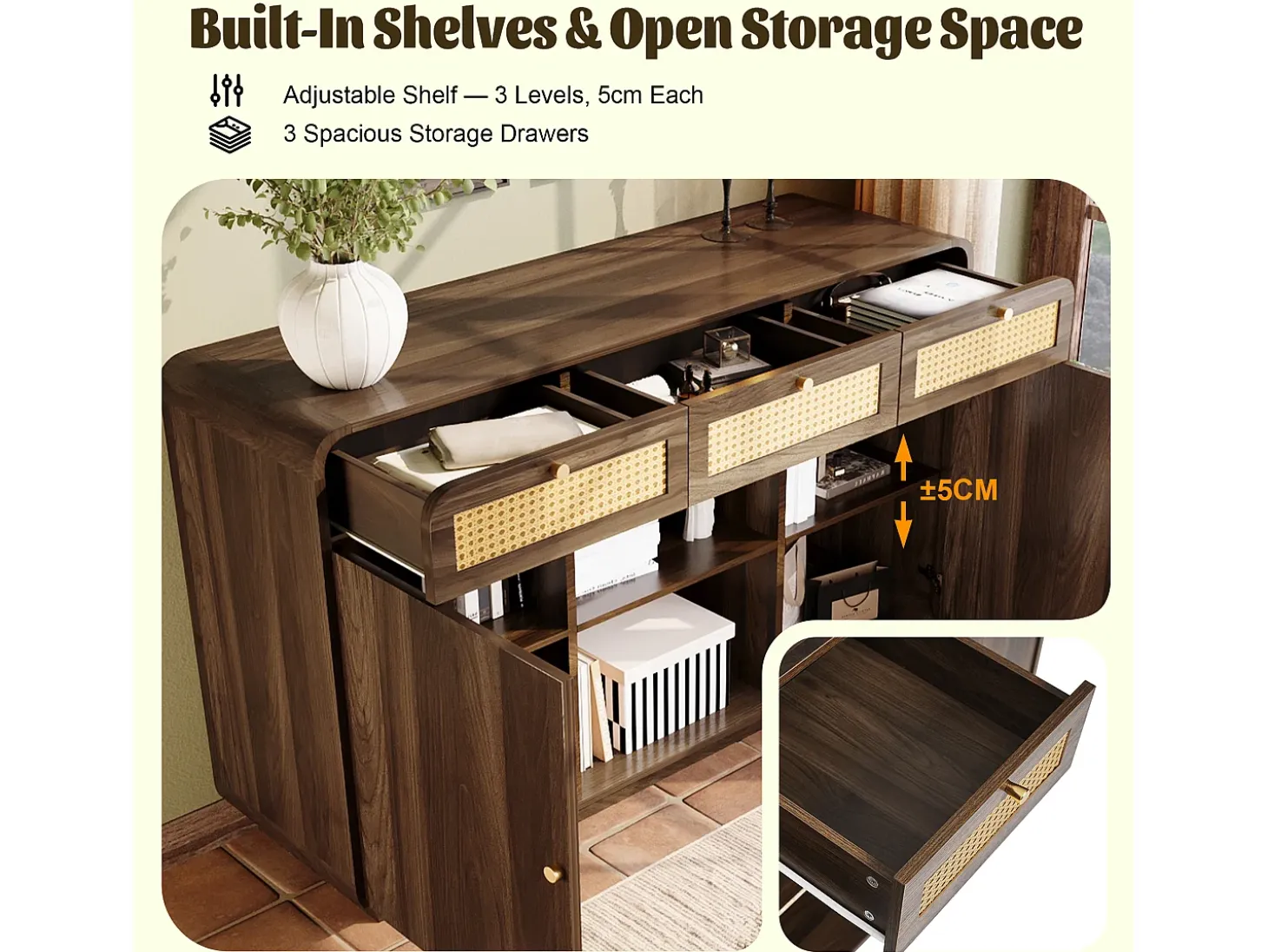 Buffet aspecto nogal 120x40x85cm - con 2 puertas y 3 cajones de ratán - compartimentos abiertos - Nogal
