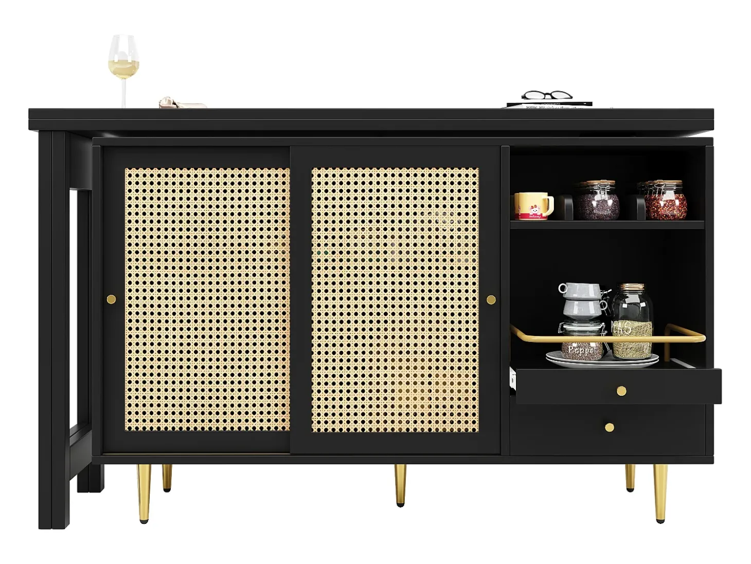 Buffet, barra de cocina giratoria extensible - en MDF - con diversos almacenamientos - Negro