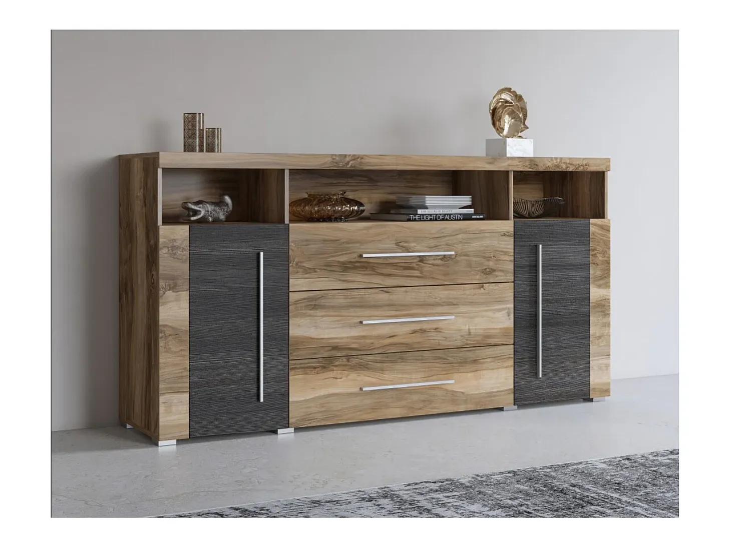 Buffet BRAZZA 2 puertas 3 cajones – Color nogal satinado – Nichos abiertos – 182 cm
