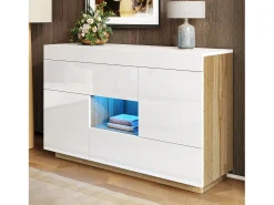 Buffet brillante 120×37×76,5 cm - Iluminación LED - 2 cajones y 2 puertas - Estantes abiertos - Blanco + Natural