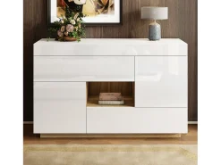 Buffet brillante 120×37×76,5 cm - Iluminación LED - 2 cajones y 2 puertas - Estantes abiertos - Blanco + Natural