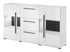 Buffet 180cm colección BREDA con dos puertas parcialmente acristaladas y tres cajones. Color blanco.
