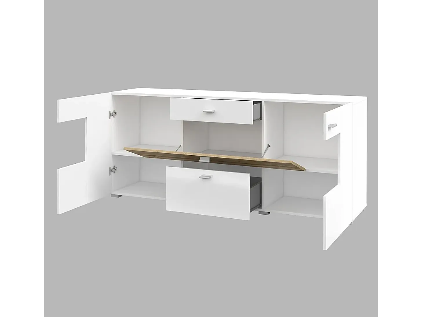 Buffet 165cm colección KOBEE de 3 puertas y 2 cajones. Color blanco y roble.