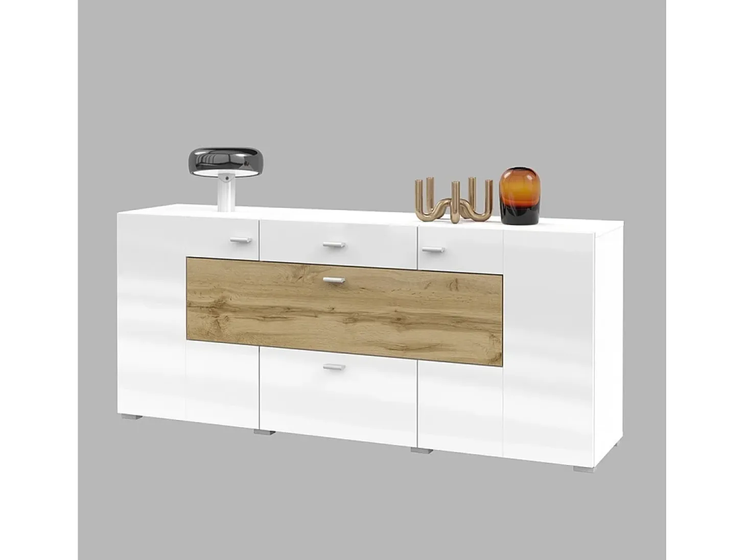 Buffet 165cm colección KOBEE de 3 puertas y 2 cajones. Color blanco y roble.