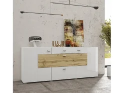 Buffet 165cm colección KOBEE de 3 puertas y 2 cajones. Color blanco y roble.