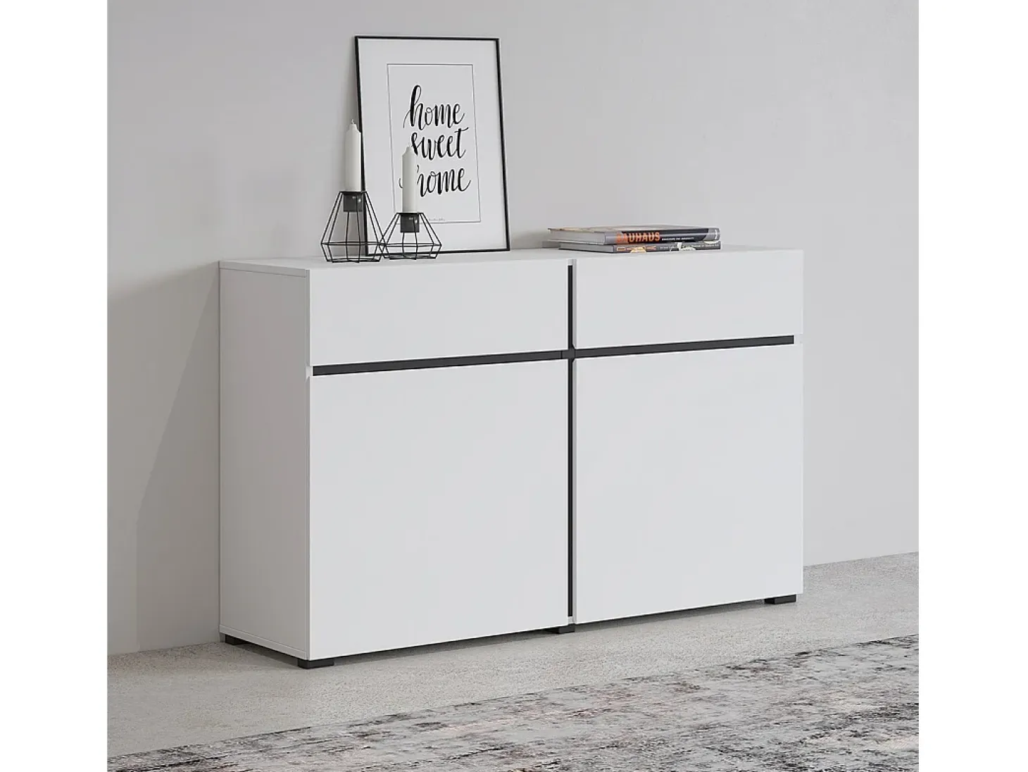 Buffet 120cm coloris blanc et noir collection HAVANA. Aparador de diseño con 2 puertas y 2 cajones.