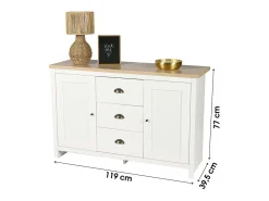 Buffet con 2 puertas y 3 cajones de diseño colonial - 119x39,5xH77 cm, color blanco y encimera de roble claro - Colección MADERA