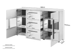 Buffet de 180 cm colección BREDA con dos puertas parcialmente acristaladas y tres cajones. Color blanco.