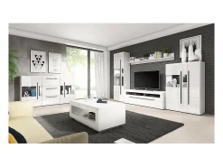 Buffet de 180 cm colección BREDA con dos puertas parcialmente acristaladas y tres cajones. Color blanco.