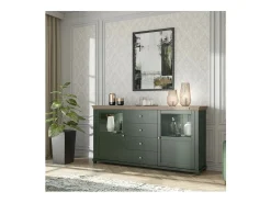 Buffet de 180 cm con LED integrados colección ASSIA. Color verde y roble. 2 puertas y 4 cajones.