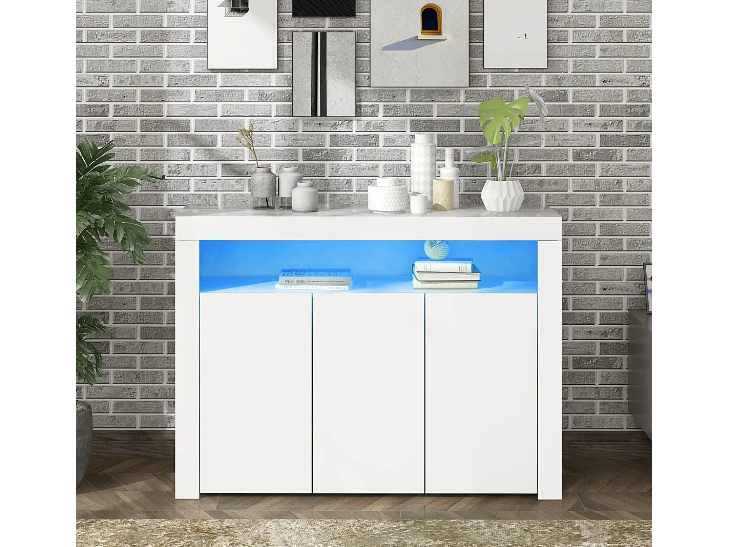 Buffet de 3 puertas y 1 nicho - panel de partículas - con 16 colores LED y control remoto - blanco
