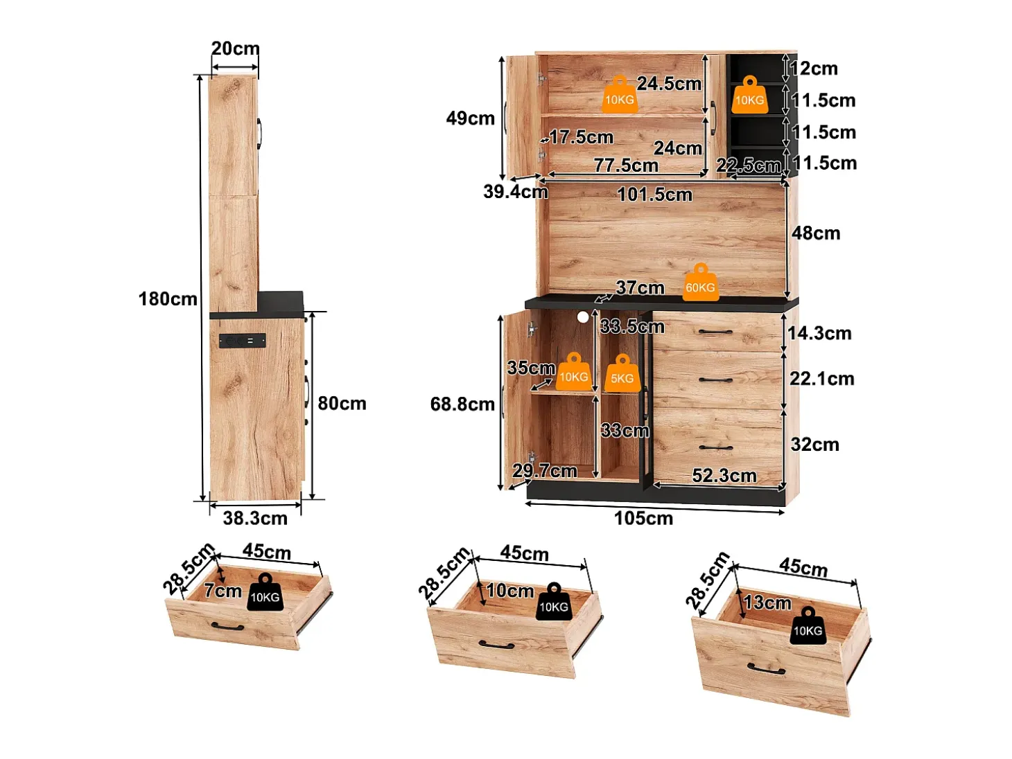 Buffet de cocina moderno 105x40x180cm - con toma de corriente y LED - con 3 cajones y 3 puertas - aspecto veta de madera - Natural + Negro