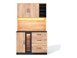 Buffet de cocina moderno 105x40x180cm - con toma de corriente y LED - con 3 cajones y 3 puertas - aspecto veta de madera - Natural + Negro