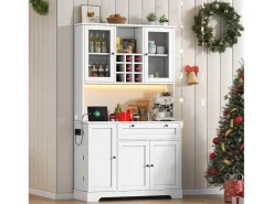 Buffet de cocina moderno 100x40x180cm - con toma de corriente y LED - con 1 cajón y 5 puertas - con estante para especias - Blanco