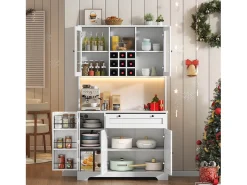 Buffet de cocina moderno 100x40x180cm - con toma de corriente y LED - con 1 cajón y 5 puertas - con estante para especias - Blanco
