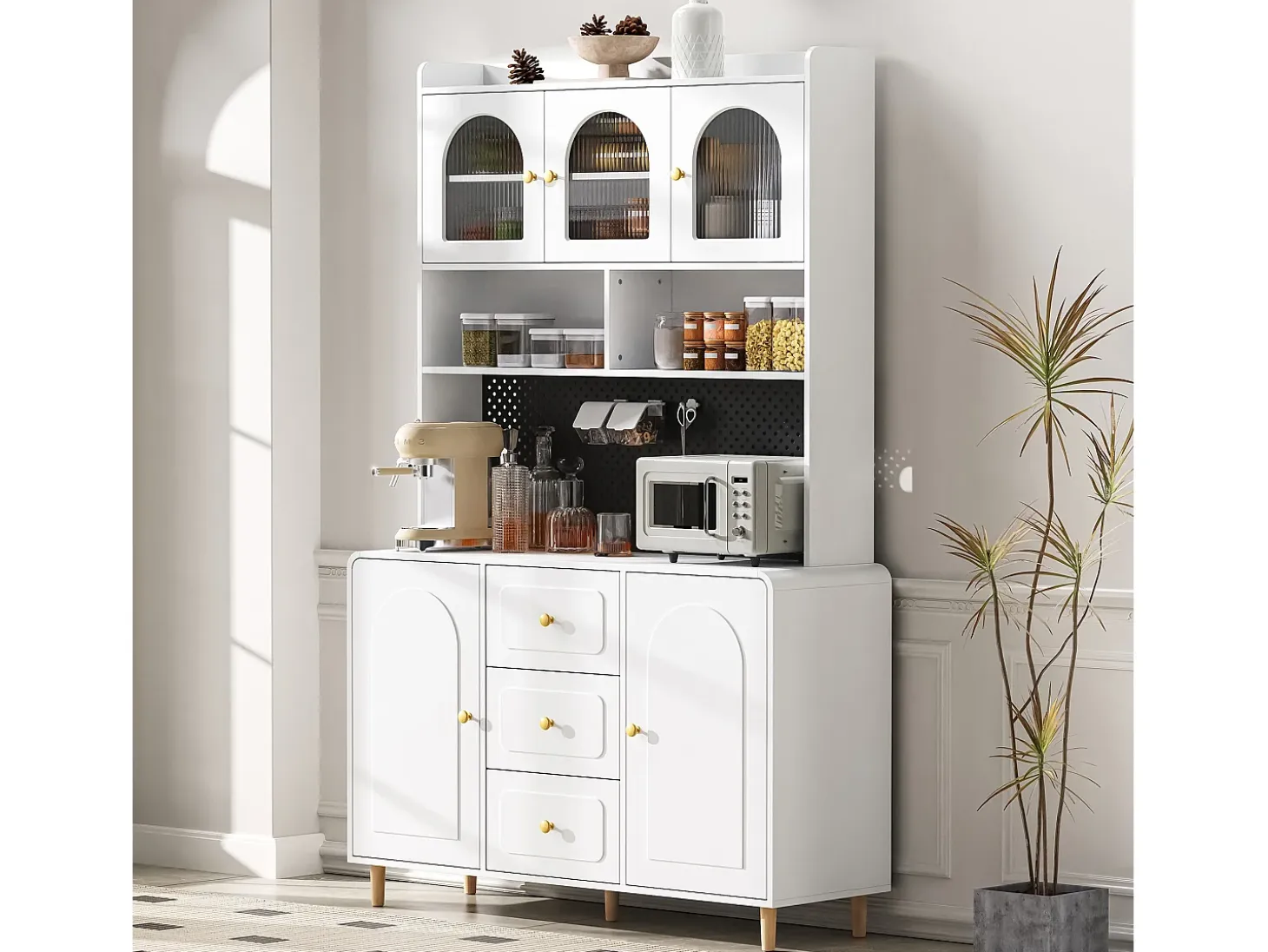 Buffet de cocina moderno 140x40x190cm - con estantes abiertos - con 3 cajones y 5 puertas - Blanco