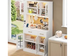 Buffet de cocina moderno 100x40x180cm - con toma de corriente y LED - con 2 cajones y 6 puertas - Blanco
