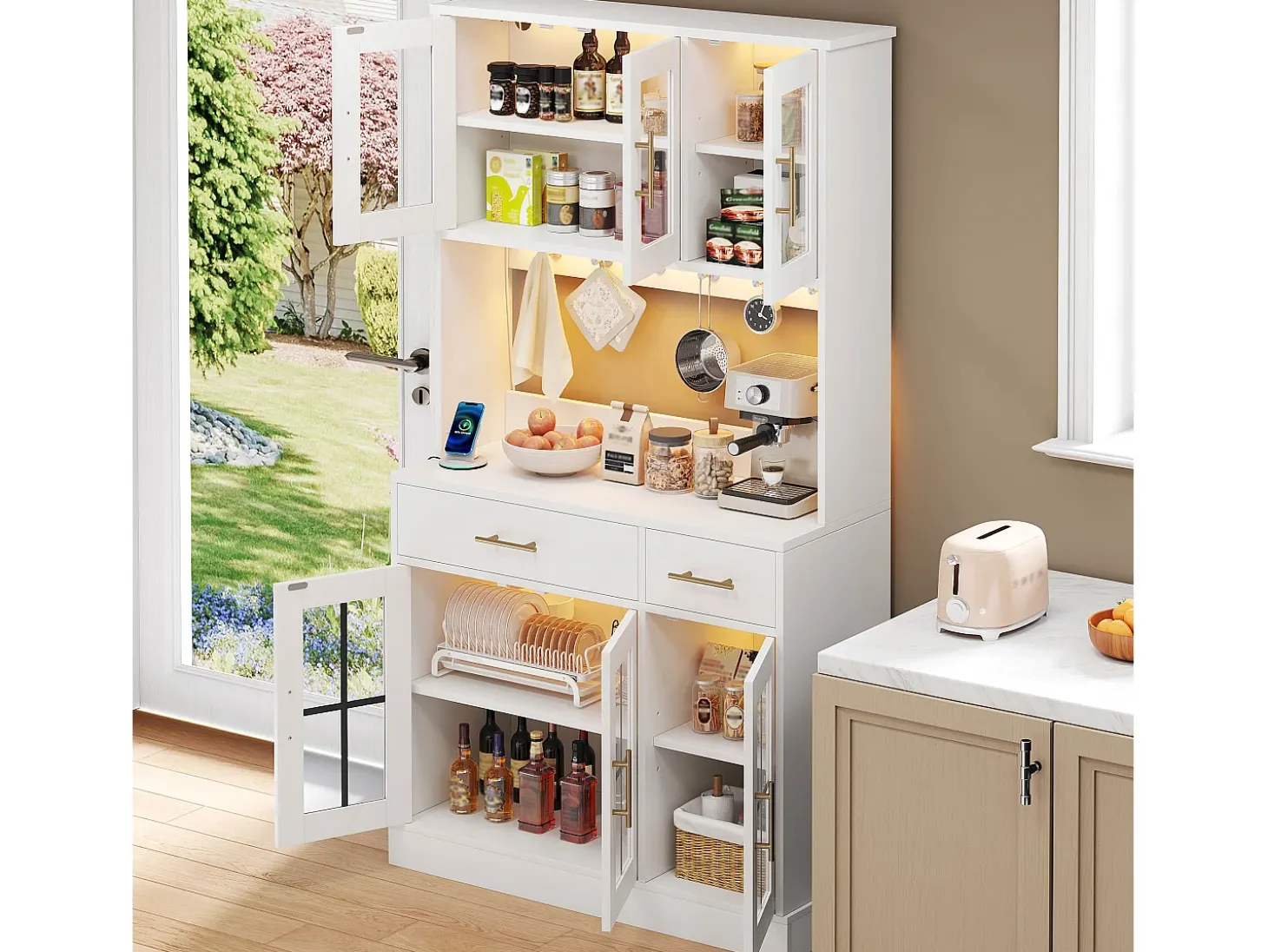 Buffet de cocina moderno 100x40x180cm - con toma de corriente y LED - con 2 cajones y 6 puertas - Blanco